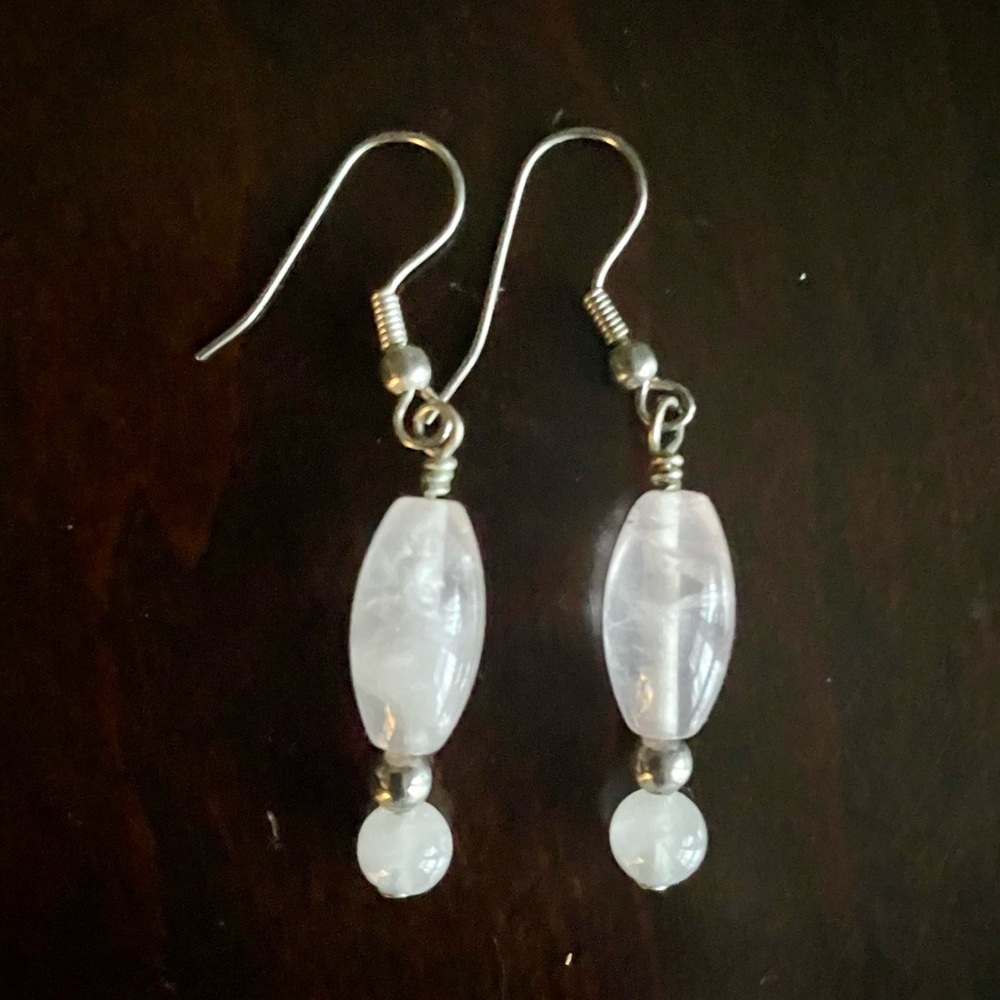 Chic Rose and Clear Quartz Drop Dangle Earrings with Silver Hooks (NEW)